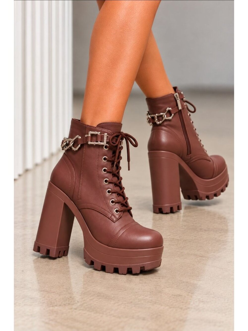 Mocha Brown Platform Lace-Up Combat Ankle Boots Chunky Block Heel Chain Detail
